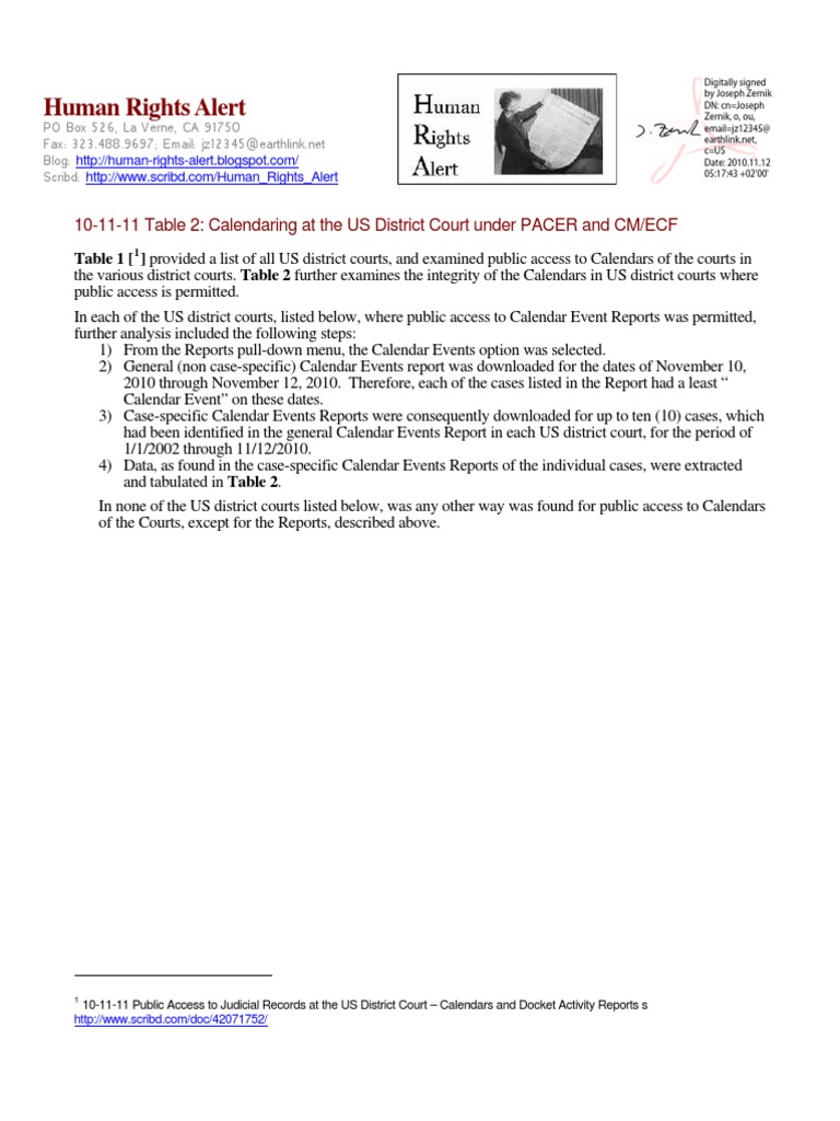 10-11-11 Table 2: US District Courts PACER and CM/ECF: Public Access To  Calendars - Survey of Individual Cases in 5 District Courts S | PDF |  Cm/Ecf | Lawsuit