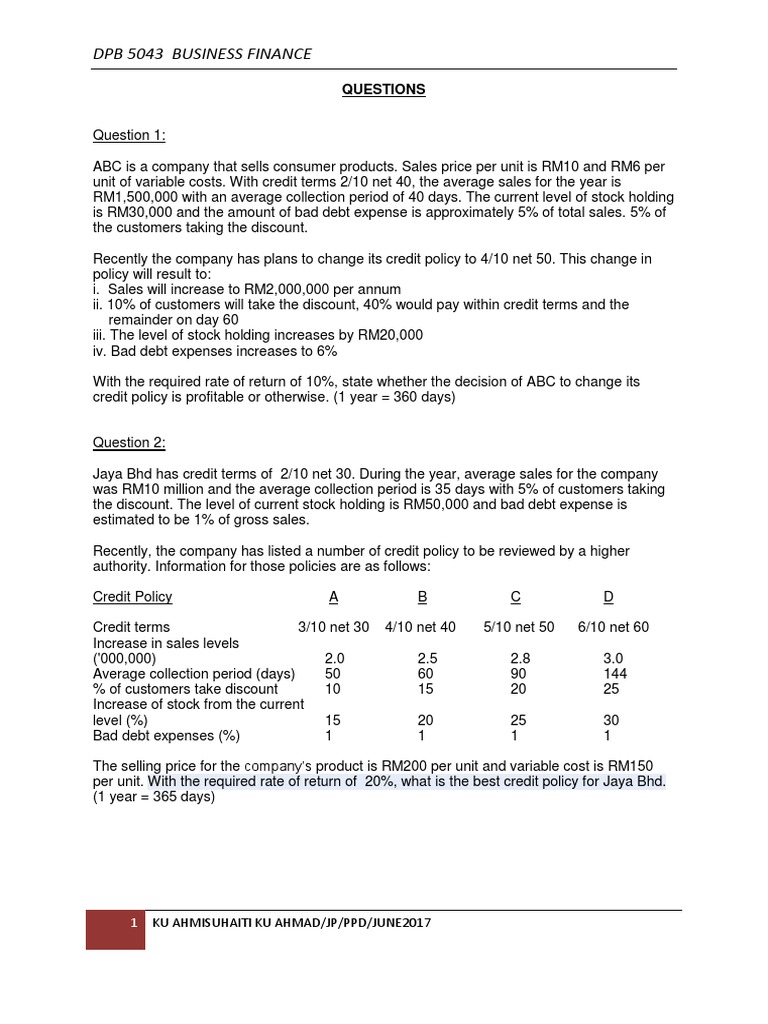 Questions Ar Management PDF Credit Finance & Money Management