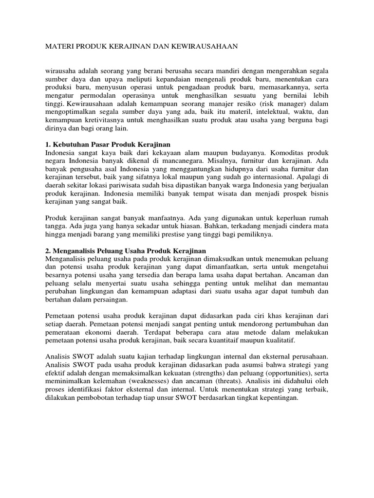 Materi Produk Kerajinan Dan Kewirausahaan Docx