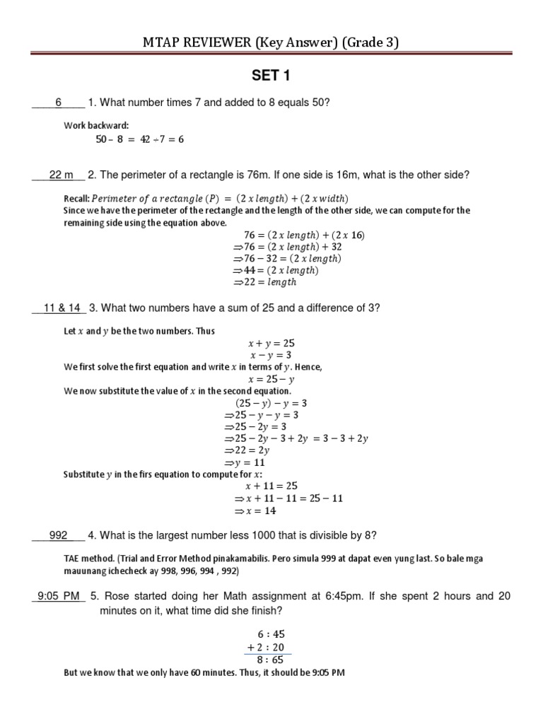 MTAP Grade 3 Reviewer with Answers | PDF | Equations | Mathematical Objects