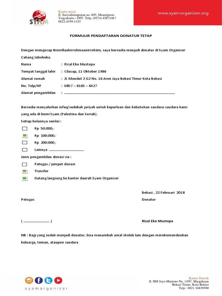 Formulir Pendaftaran Donatur Tetap Syam Organizer PDF