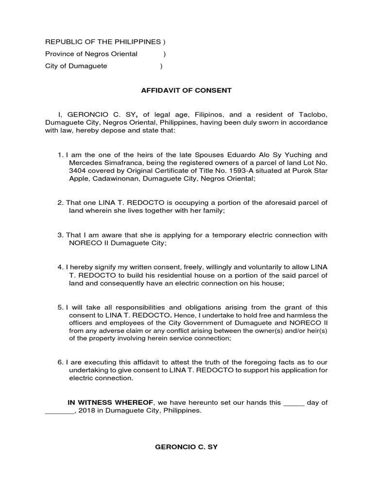 Affidavit of Consent for Electric Connection | PDF