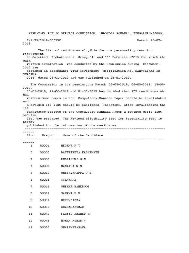 Revised Eligibility List for KAS Test | PDF