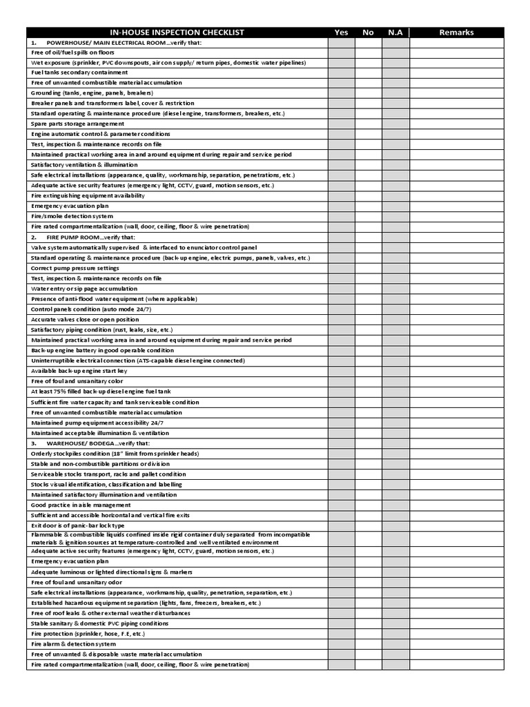 In-House Inspection Checklist | PDF | Fire Sprinkler System ...