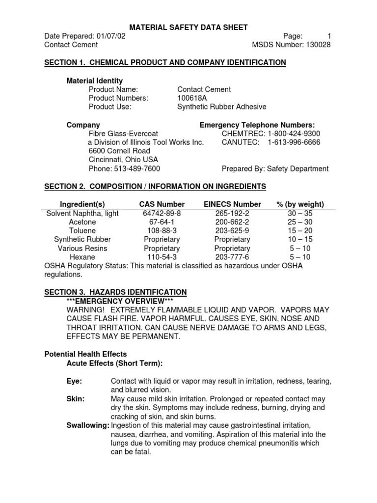 MSDS Contact Cement PDF Hazardous Waste Resource Conservation And