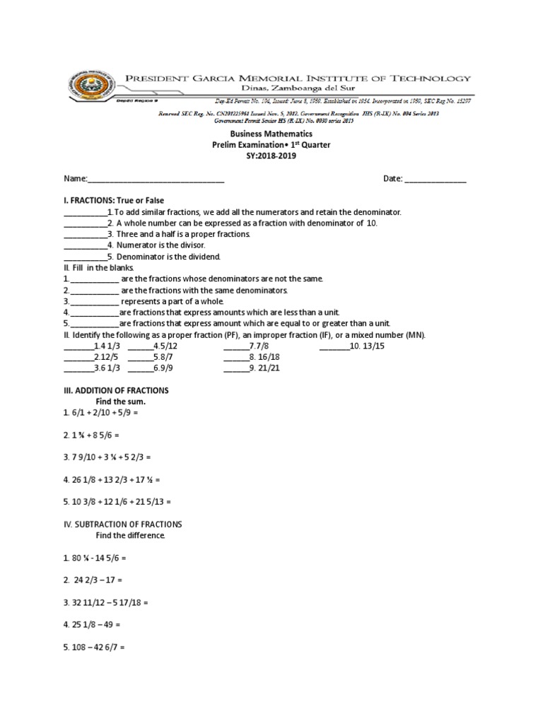 Business Mathematics Prelim Exam | PDF