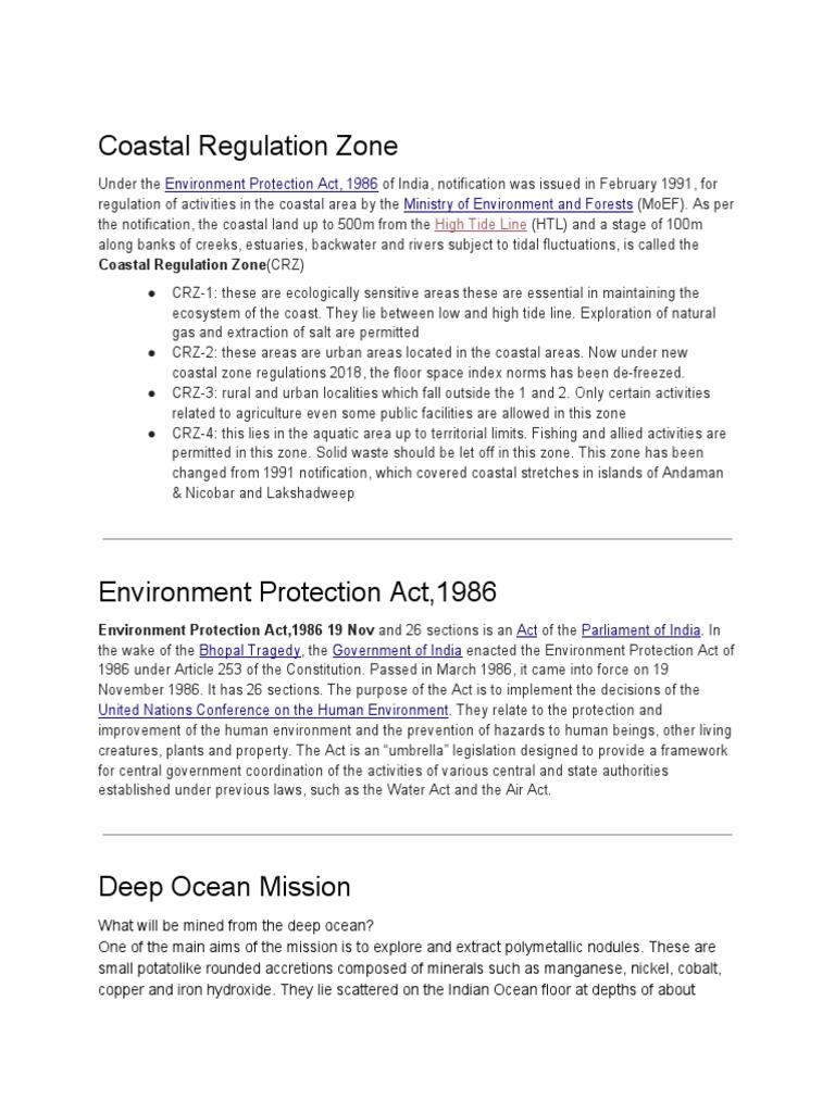 Coastal Regulation Zone Environment Protection Act, 1986 Ministry of
