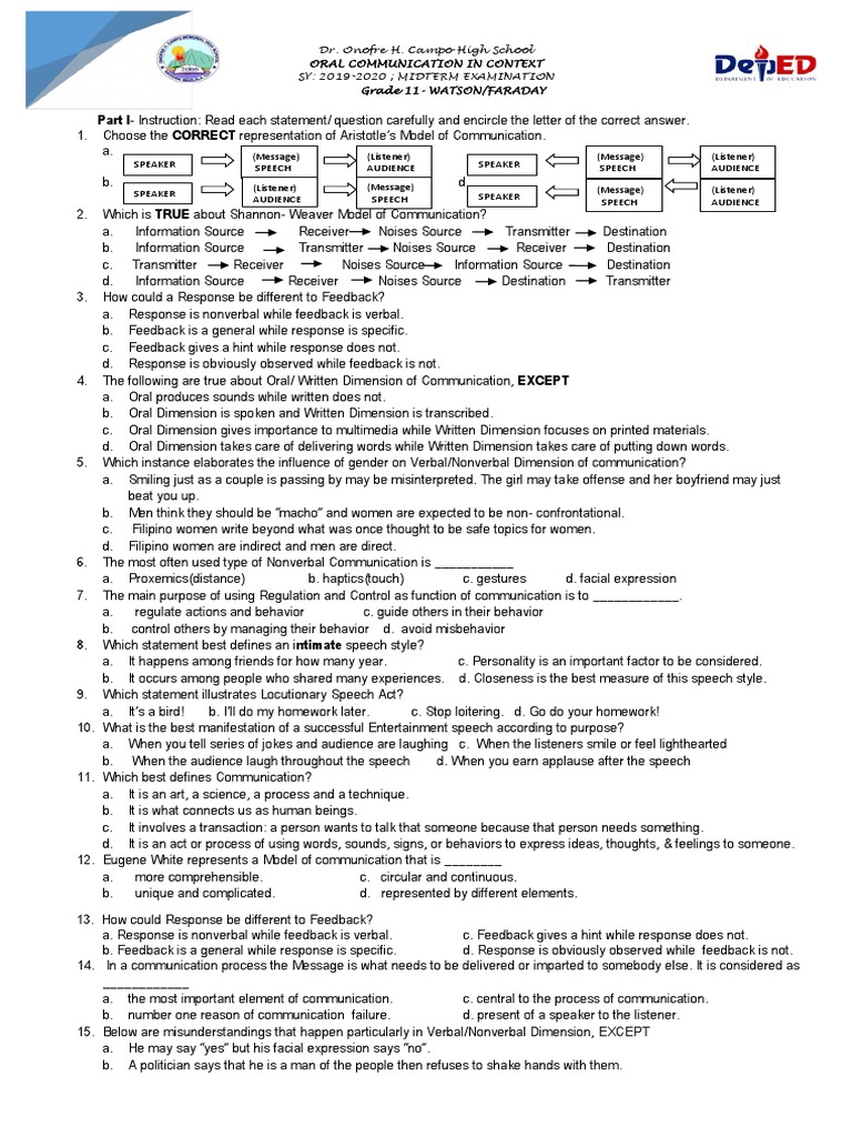 Analysis of an Oral Communication Midterm Examination Focusing on Models of Communication