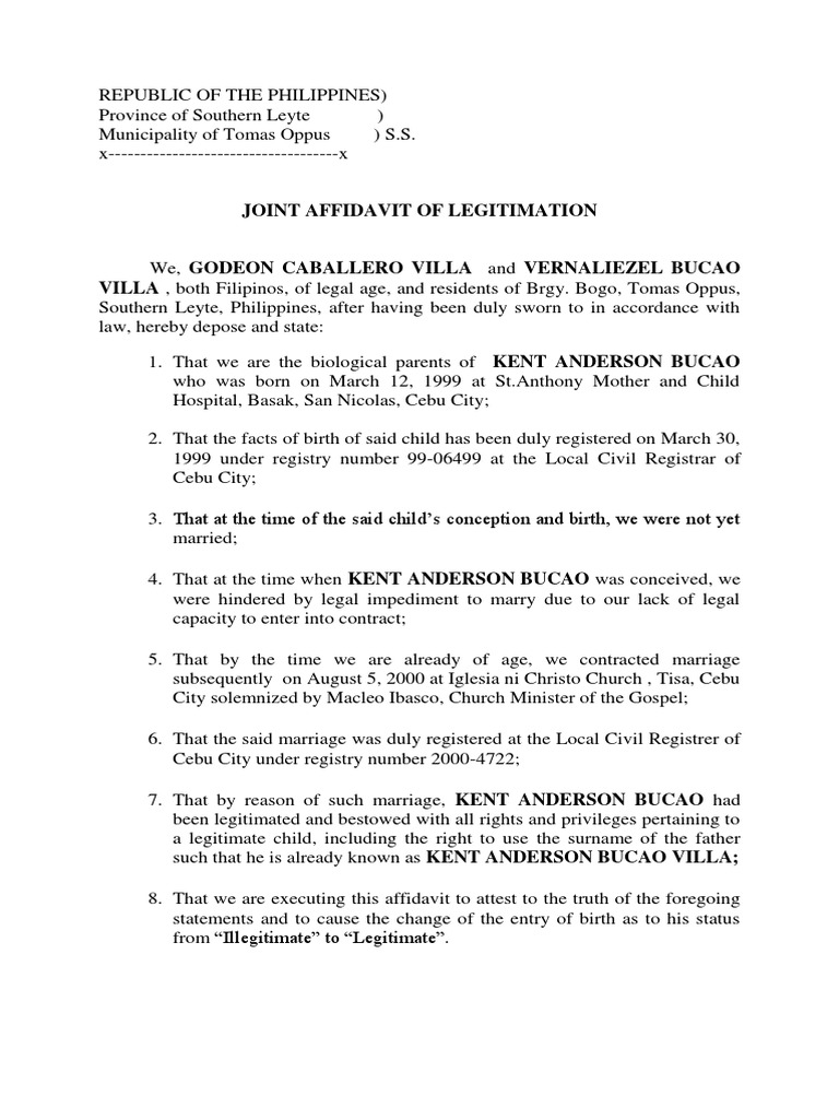 Joint Affidavit of Legitimation PDF Affidavit Common Law