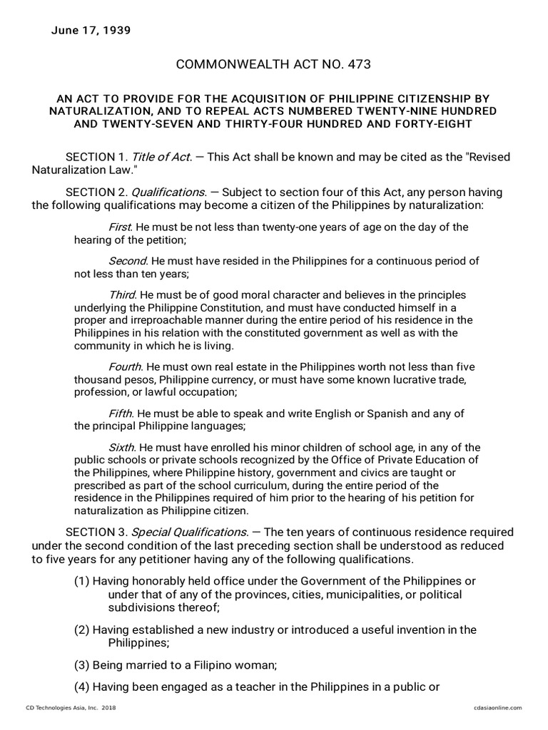 Philippine Naturalization Act 1939 | PDF | Naturalization | Citizenship