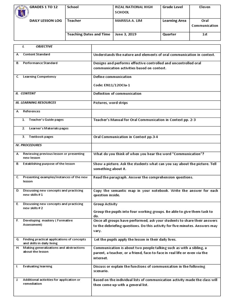 Oral Communication Dlp 1st Day Pdf Learning Educational Psychology