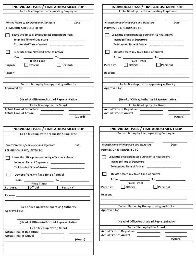 Individual Pass / Time Adjustment Slip Individual Pass / Time