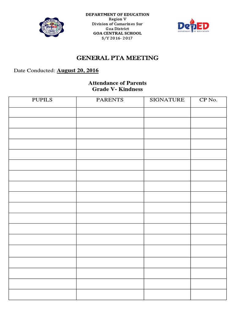 Attendance Hpta Meeting Pdf