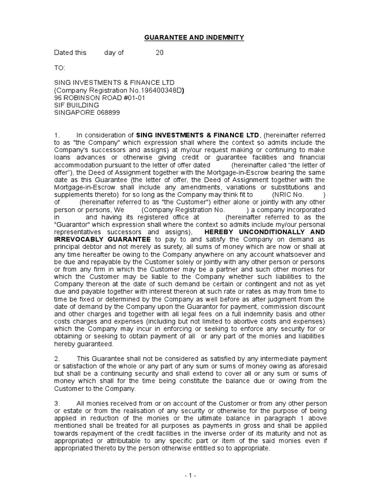 Guarantee and Indemnity Agreement | PDF | Guarantee | Civil Law (Legal ...
