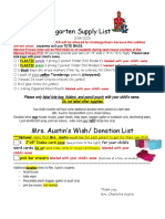 2019-2020 Supply List Kindergarten Wish