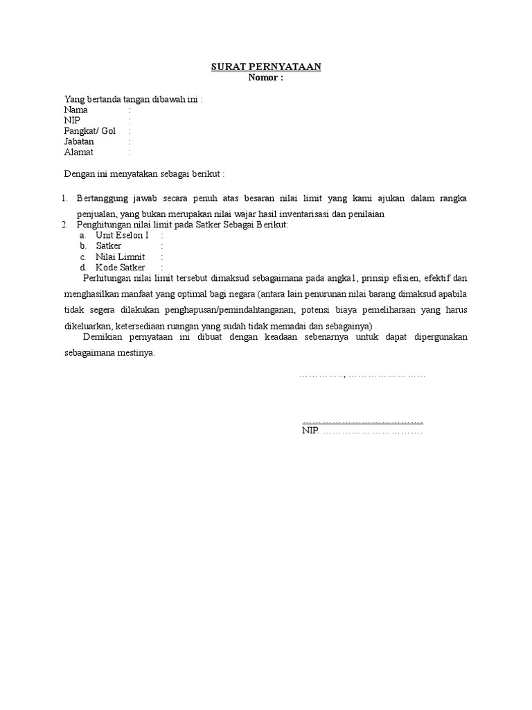 Surat Pernyataan Nilai Limit Aset | PDF