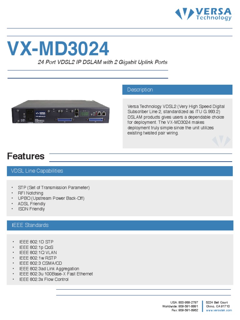 Vdsl2 Dslam Vx Md3024 Datasheet Pdf Networks Data Transmission