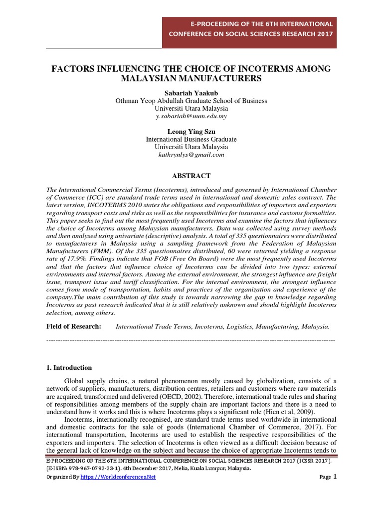 Factors Influencing The Choice Of Incoterms Among Economies Trade