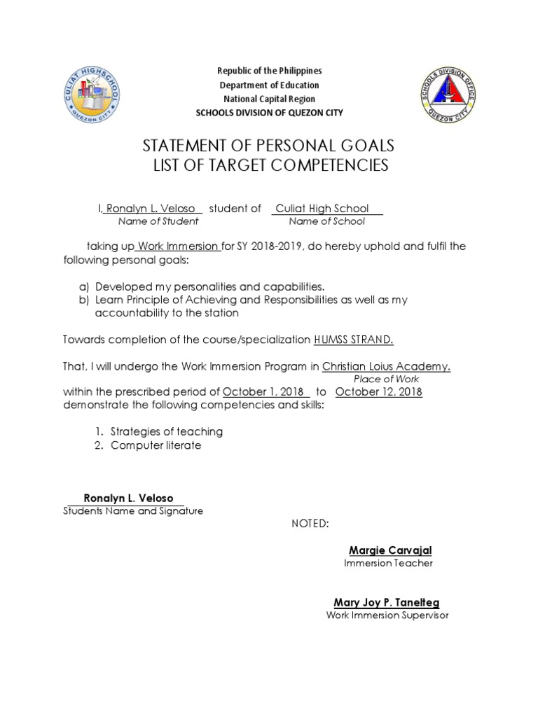 Target Competencies for Work Immersion | PDF