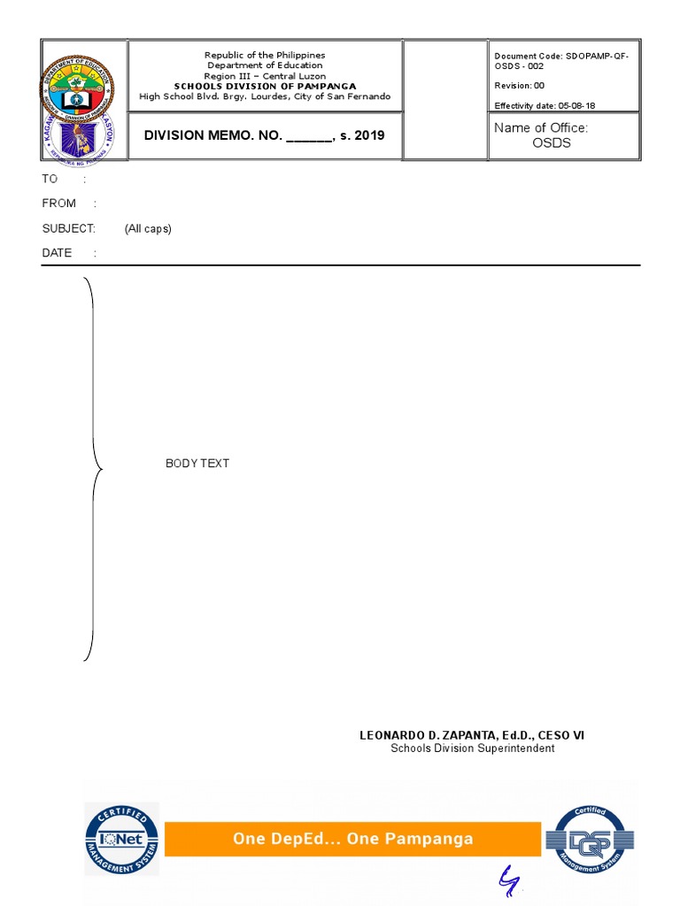 DIVISION MEMO. NO. - , S. 2019: TO: From: Subject: (All Caps) Date | PDF