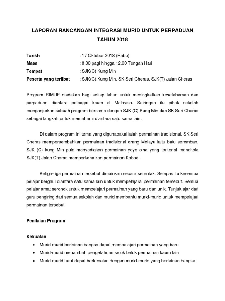 Program RIMUP: Perpaduan Melalui Permainan | PDF | Kajian Bahasa Asing