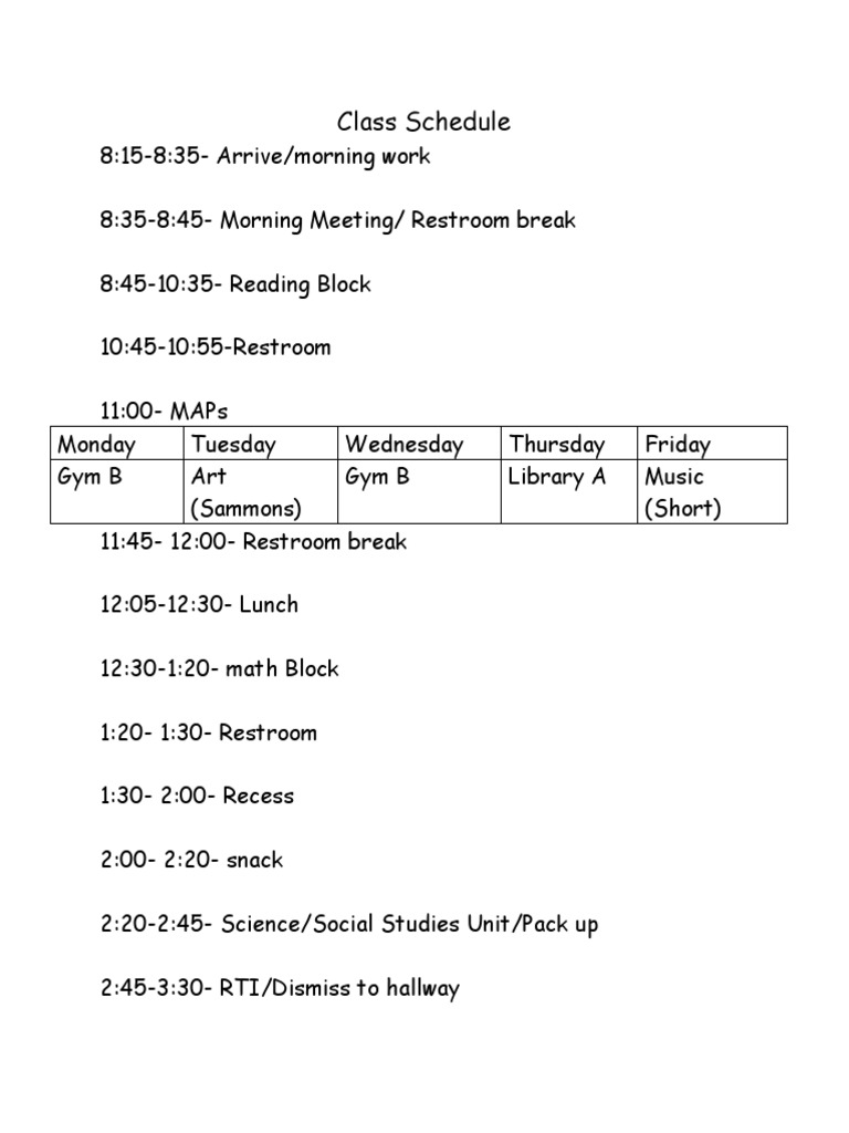 Weekly Class Schedule Overview | PDF | Language Arts & Discipline ...