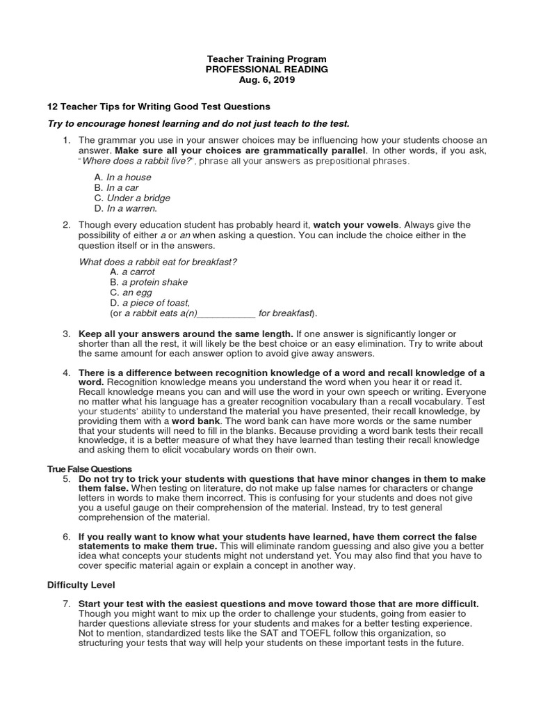 12 Tips for Writing Effective Test Questions | PDF | Question | Recall ...