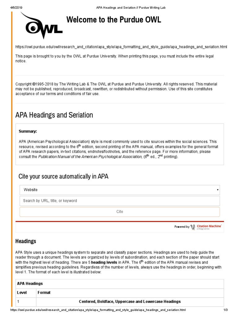Welcome To The Purdue Owl Apa Headings And Seriation Apa Style Citation