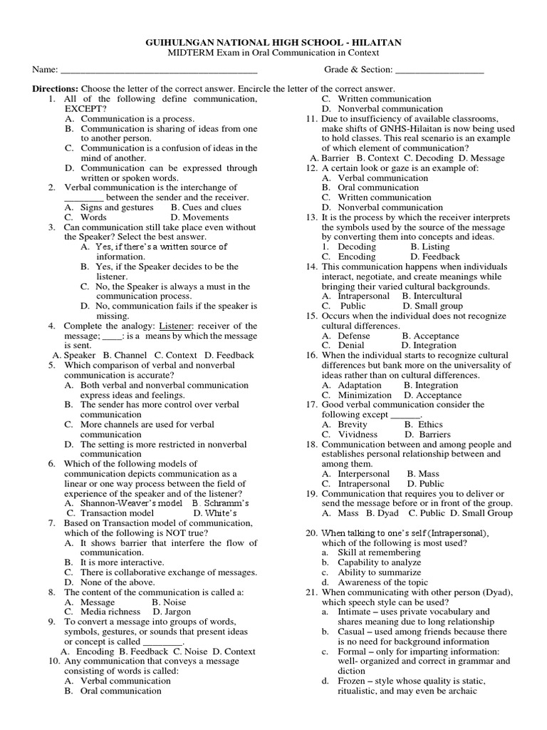 Midterm Exam in Oral Communication Nonverbal Communication Communication
