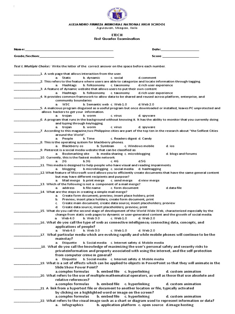 Test I. Multiple Choice: Write The Letter of The Correct Answer On The ...