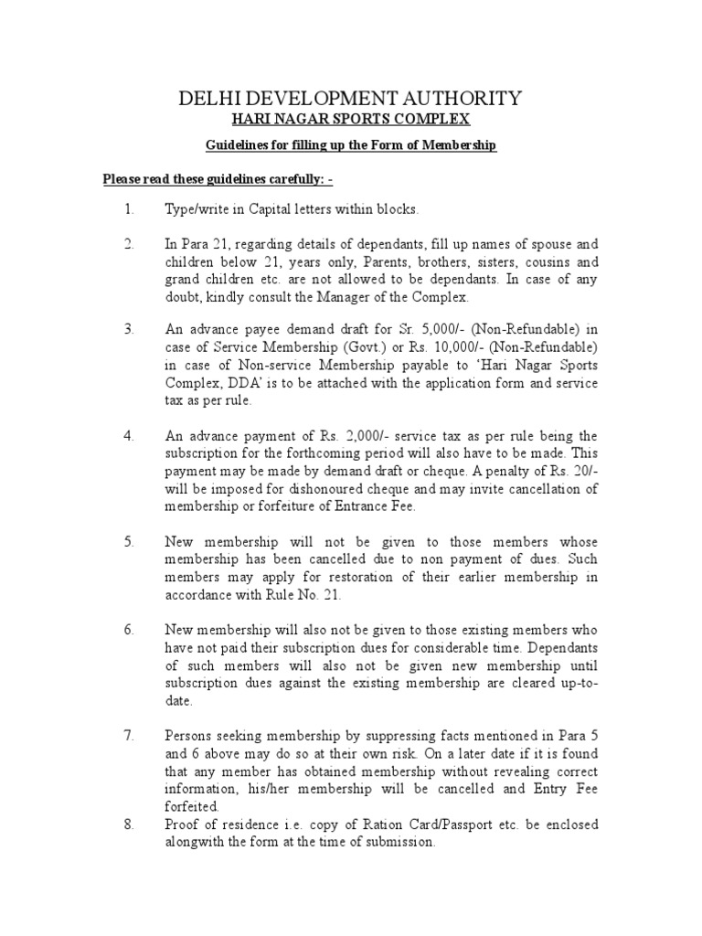 DDA Sports Complex Membership Guidelines PDF Fee Cheque