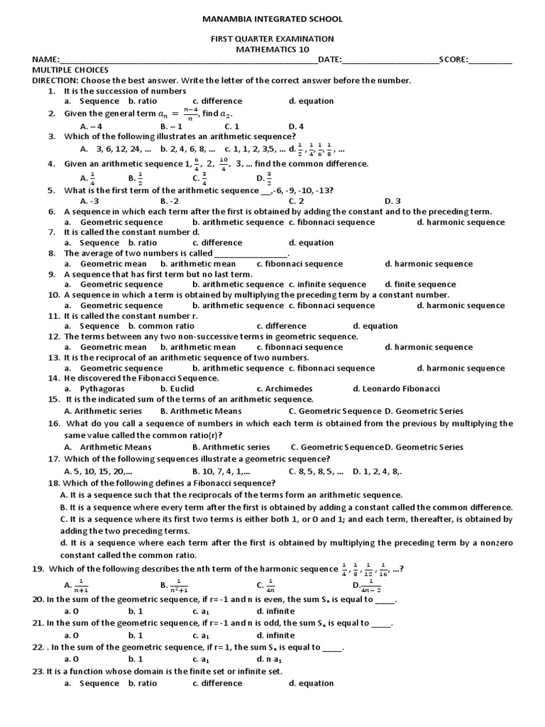 Grade 10 Mathematics First Quarter Exam | PDF | Set (Mathematics ...