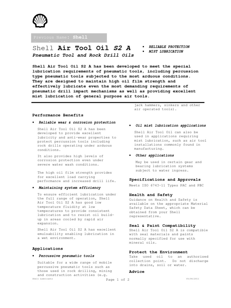 Shell Air Tool Oil S2 A Torcula Oils PDF Drill Lubricant