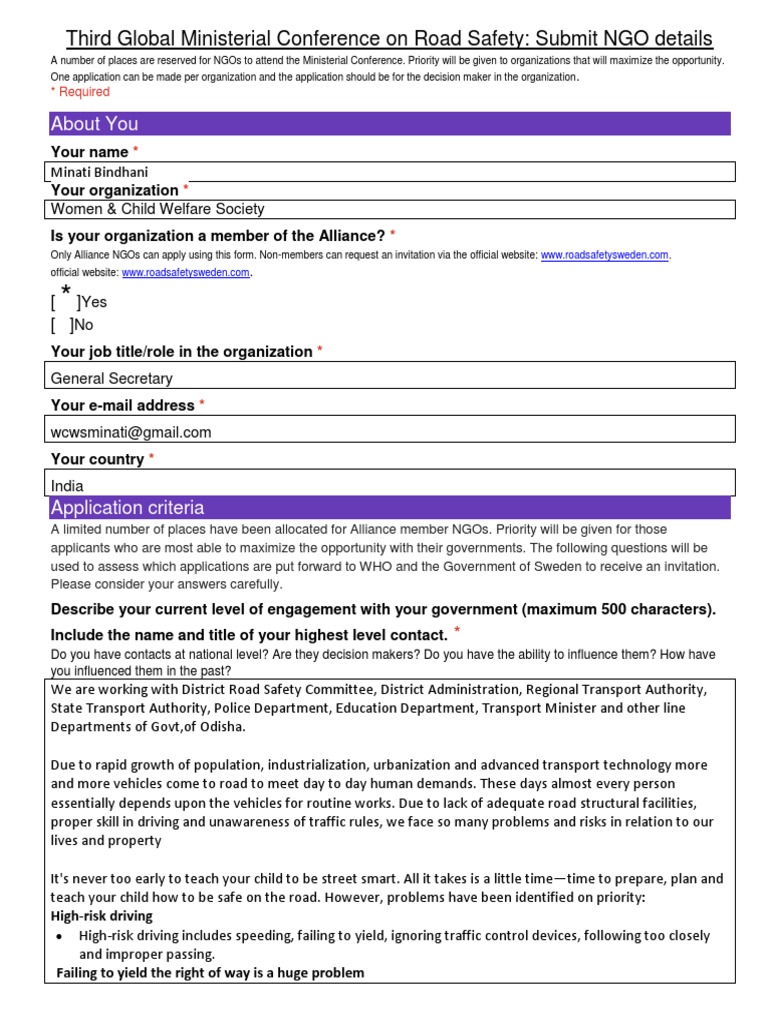 Road Safety NGO Conference Application | PDF | Traffic | Road Traffic ...