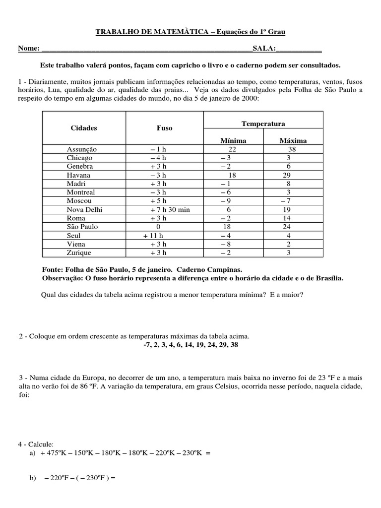 Trabalho De Matematica 7 Ano Fahrenheit Celsius