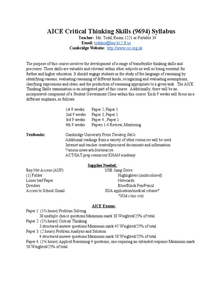 Aice Thinking Skills Syllabus Pdf Critical Thinking Educational Assessment