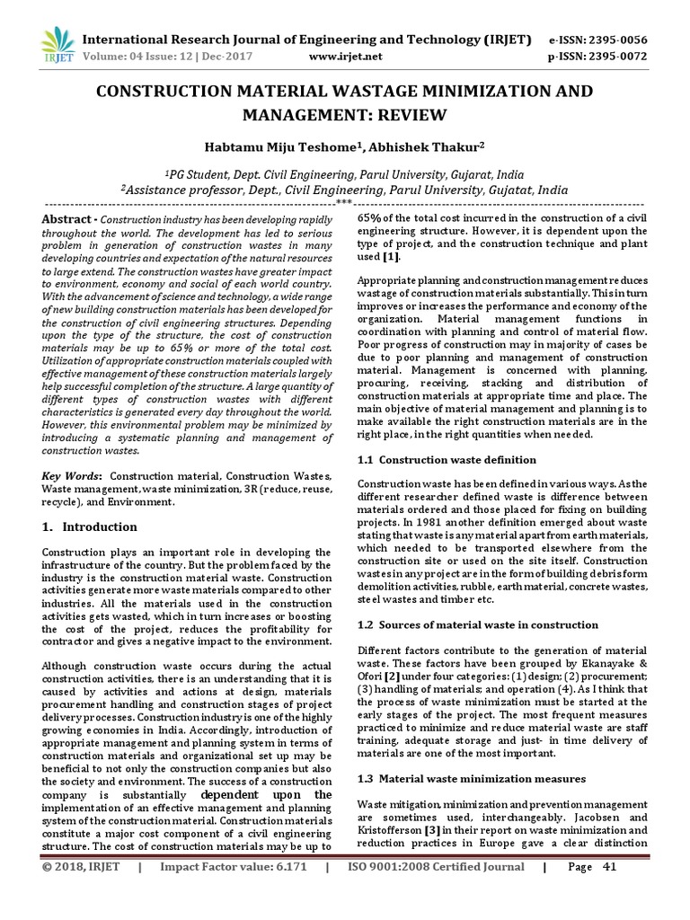 Construction Material Wastage Minimization and Management | PDF ...