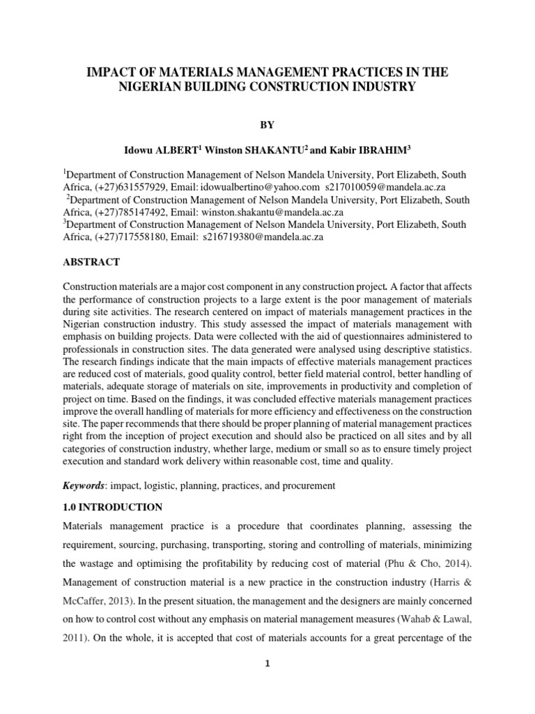 Impact of Materials Management Practices in The Nigerian B Construction