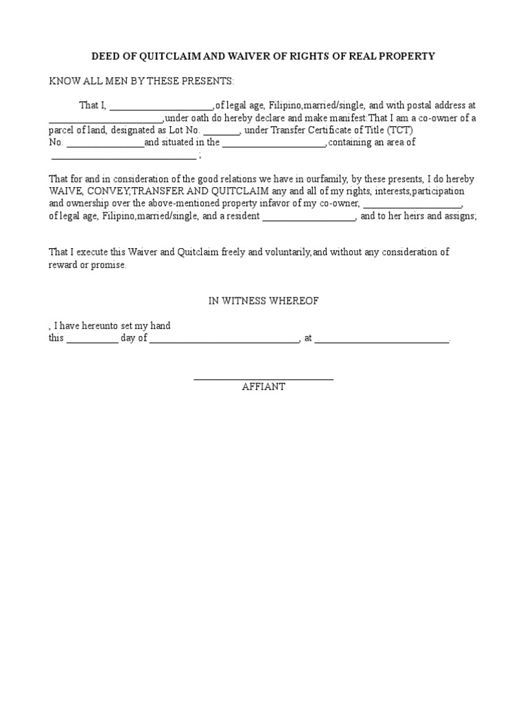 Deed of Quitclaim and Waiver of Rights of Real Property | PDF