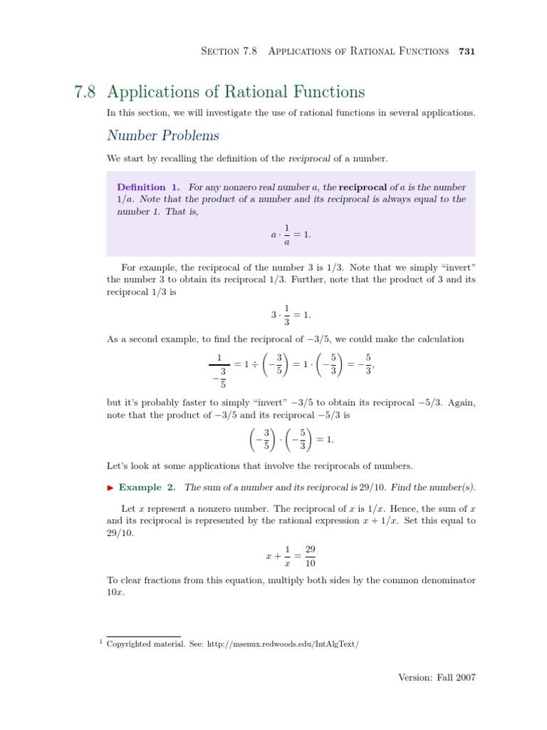 7.8 Applications of Rational Functions: Number Problems | PDF ...
