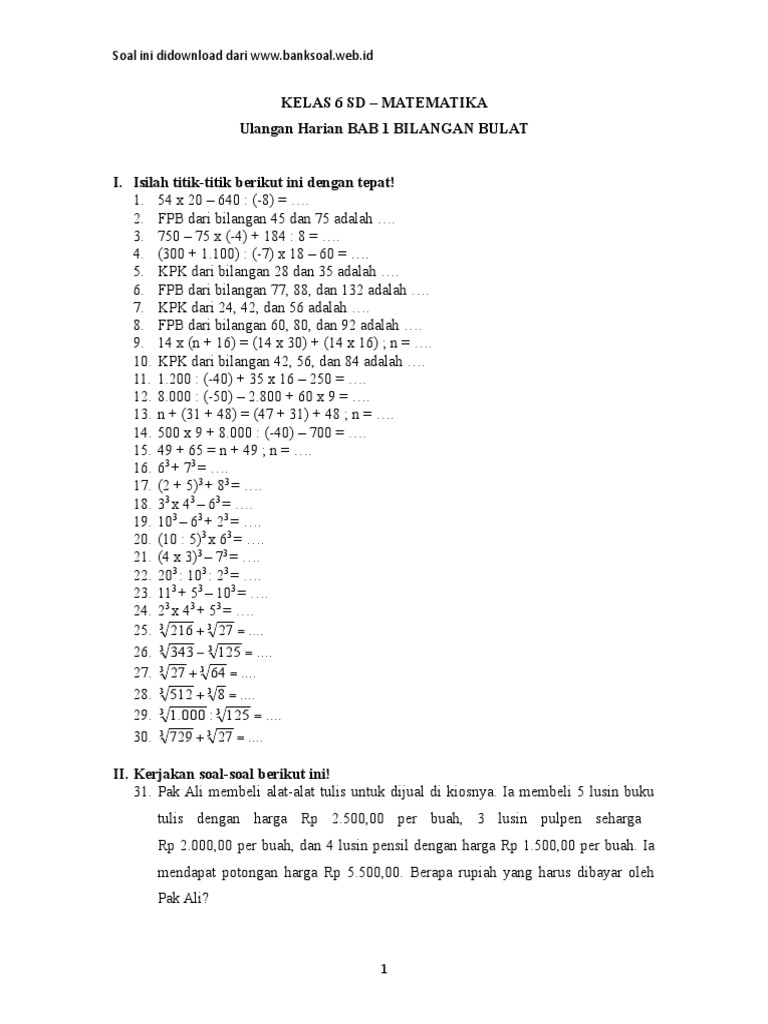 Soal Matematika Kelas 6 Sd Semester I Ulangan Bab 1 Bilangan Bulat Doc Diunggah Oleh Indri