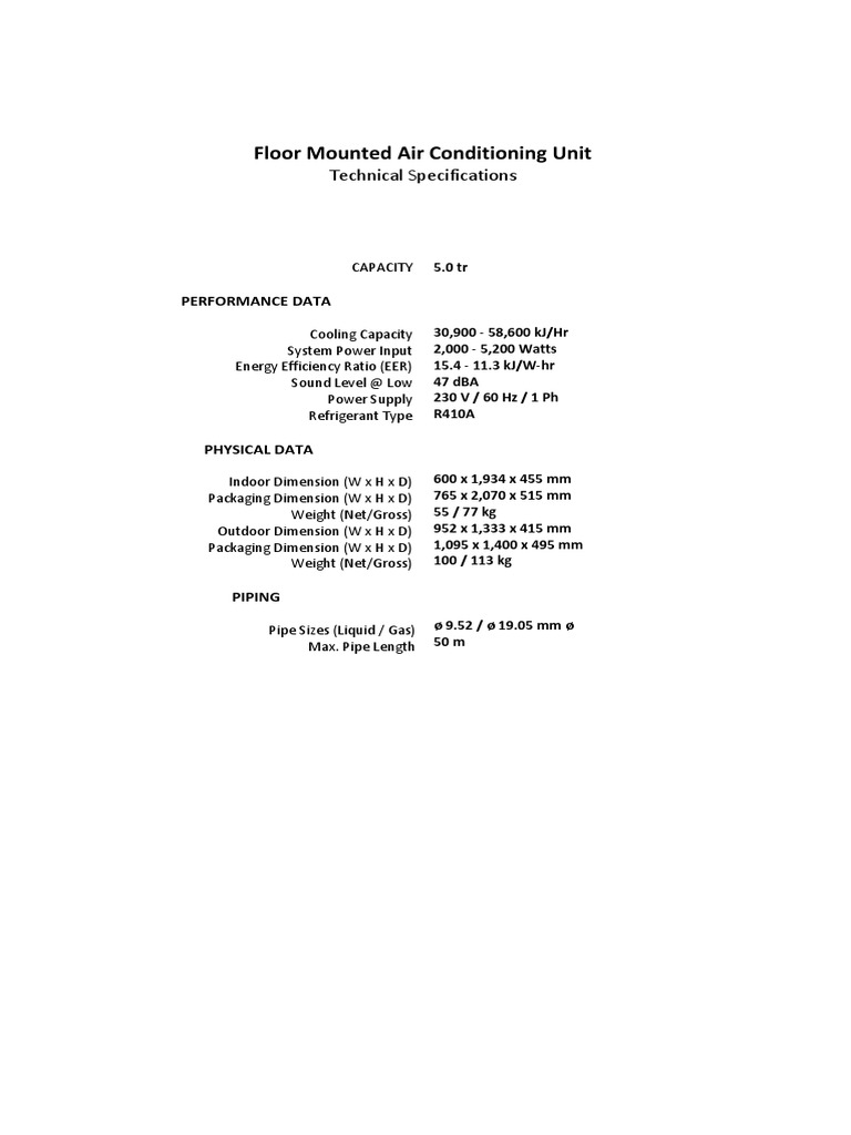 Floor Mounted Air Conditioning Unit: Technical Specifications | PDF