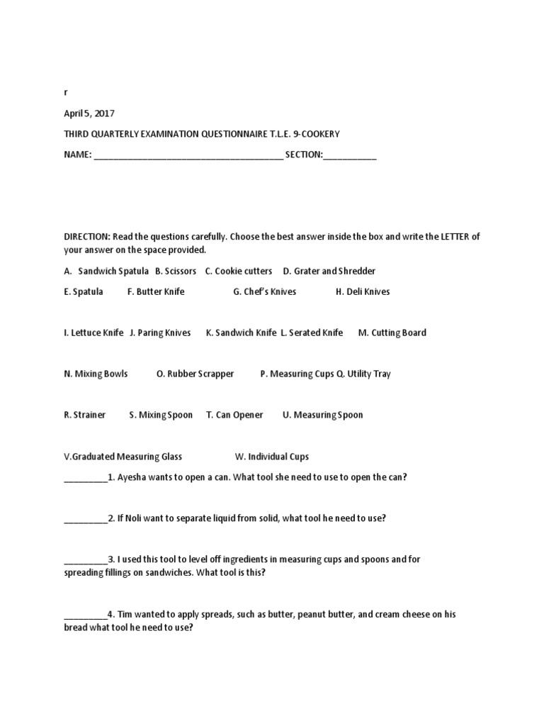 Cookery Exam: Kitchen Tools & Techniques | PDF | Sandwich | Salad