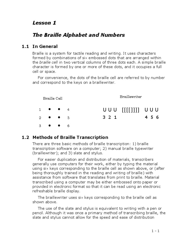 Lesson 1 The Braille Alphabet and Numbers 1.1 in General PDF