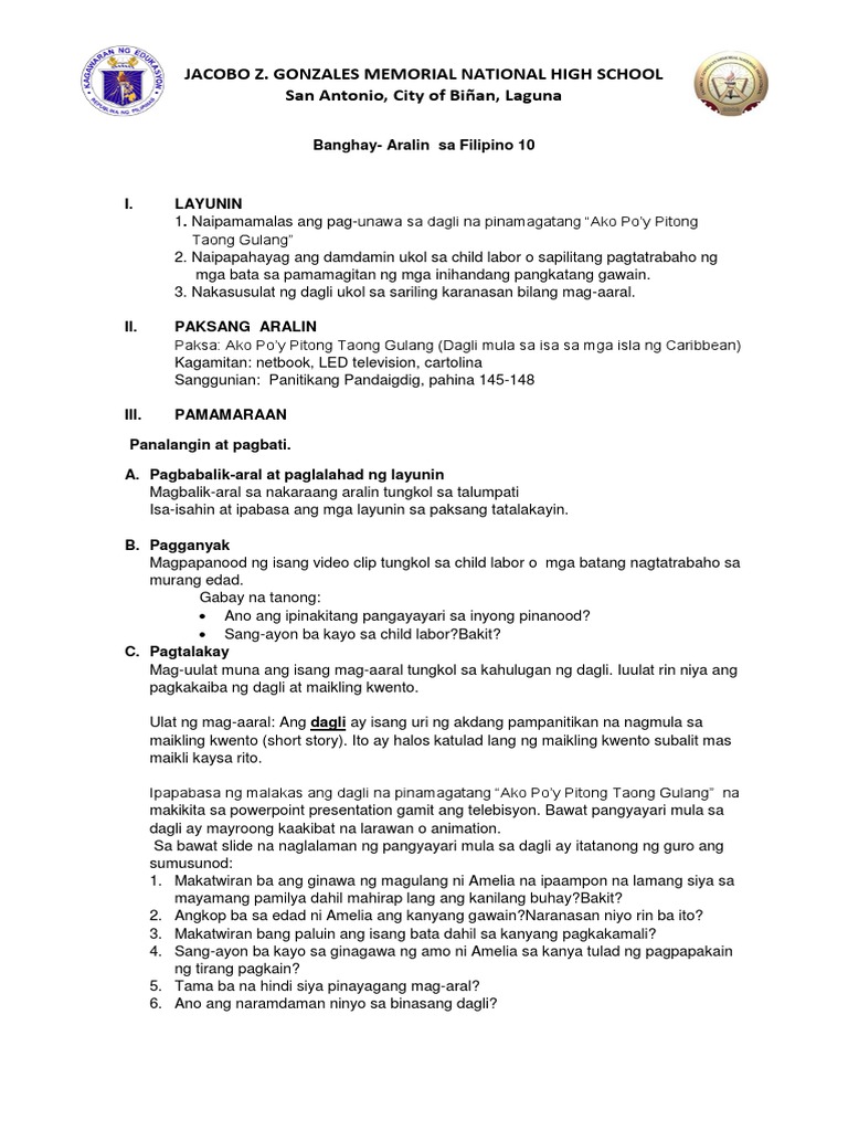 Banghay Aralin Sa Dagling Ako Po'y Pitong Taong Gulang | PDF