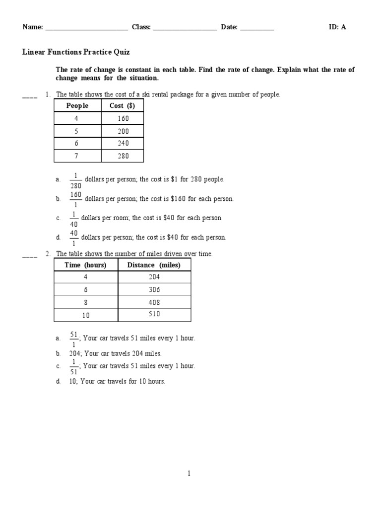 Linear Functions Practice Quiz | PDF | Derivative | Elementary Mathematics