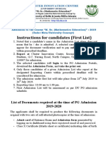 Instructions For Candidates (First List) : List of Documents Required at The Time of PG Admission 2019-2020