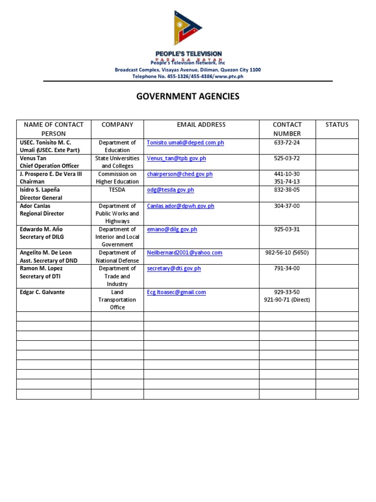 Contact List for Government Agencies | PDF