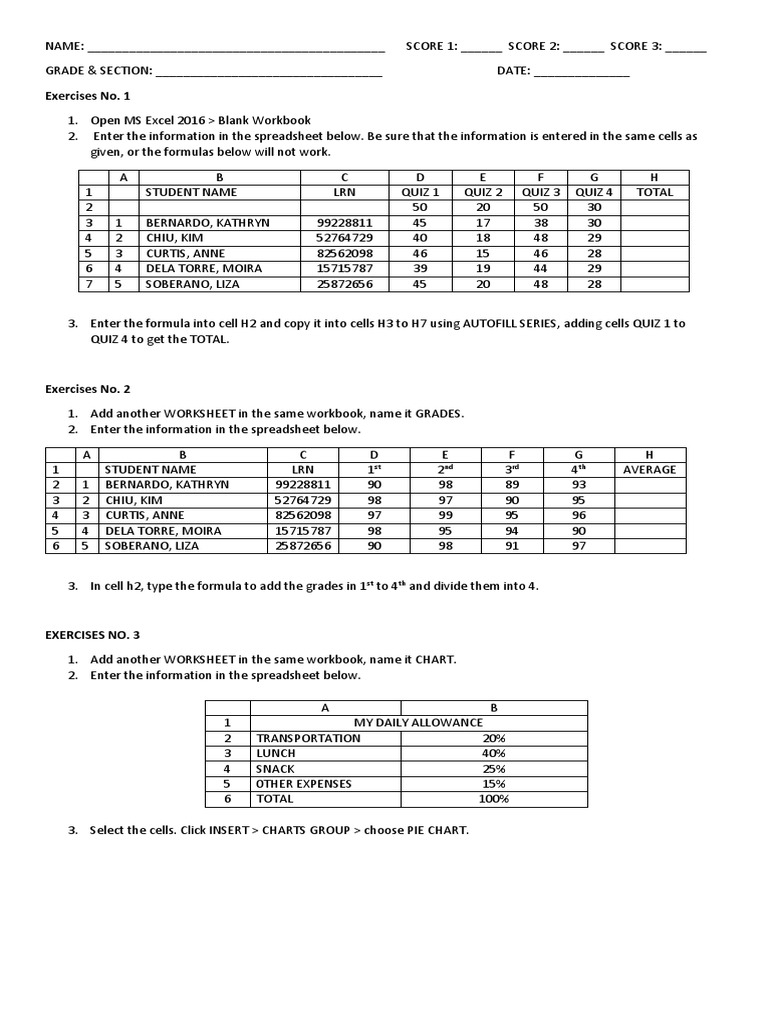 Exercises No. 1: ST ND RD TH | PDF | Science Software | Spreadsheet ...