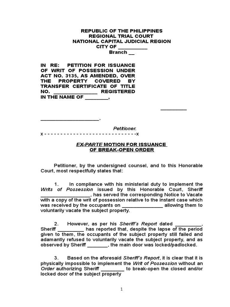 Ex-Parte Motion for Break-Open Order | PDF | Writ | Judiciaries